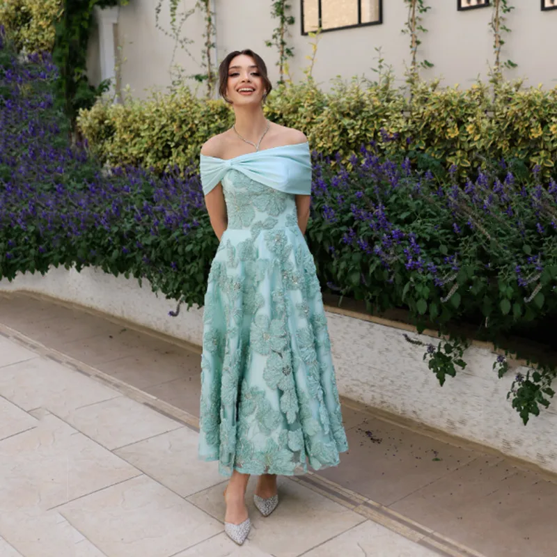 

Aleeshuo Elegant A-Line Satin Long Evening Dress Women Simple Off The Shoulder Strapless Pleat Embroidery Appliques Ankle-Length