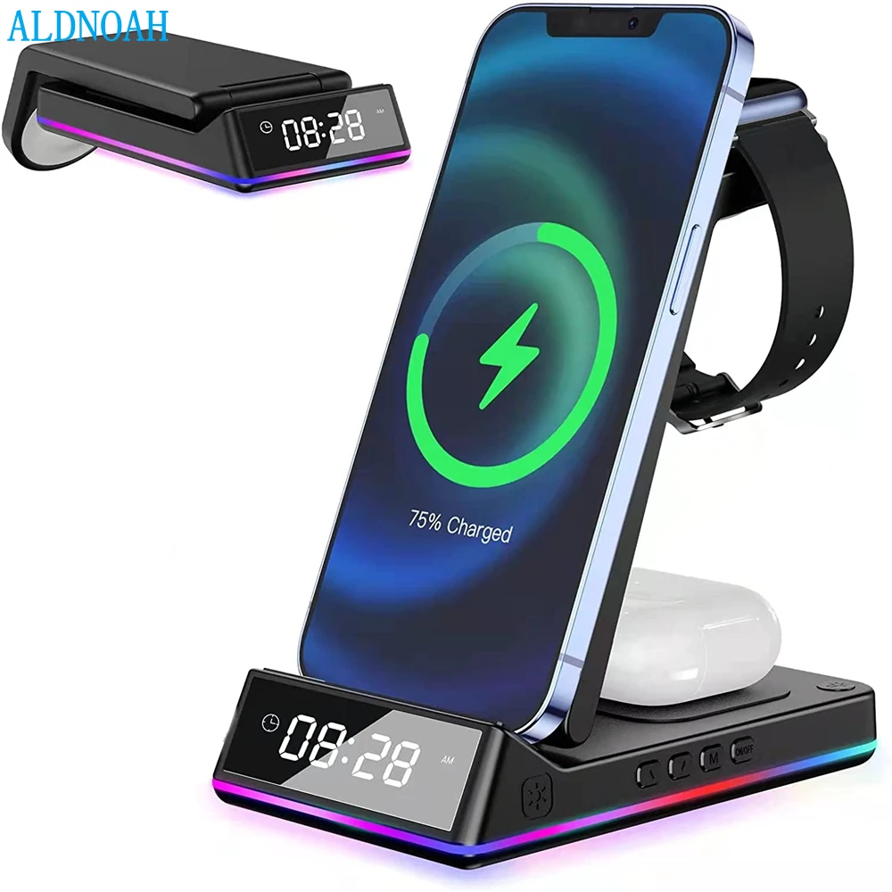 

Wireless Charger 3 in 1 Wireless Charging Station with Alarm/Clock/Night Light Fast Charger Stand For iPhone 14 iWatch AirPods