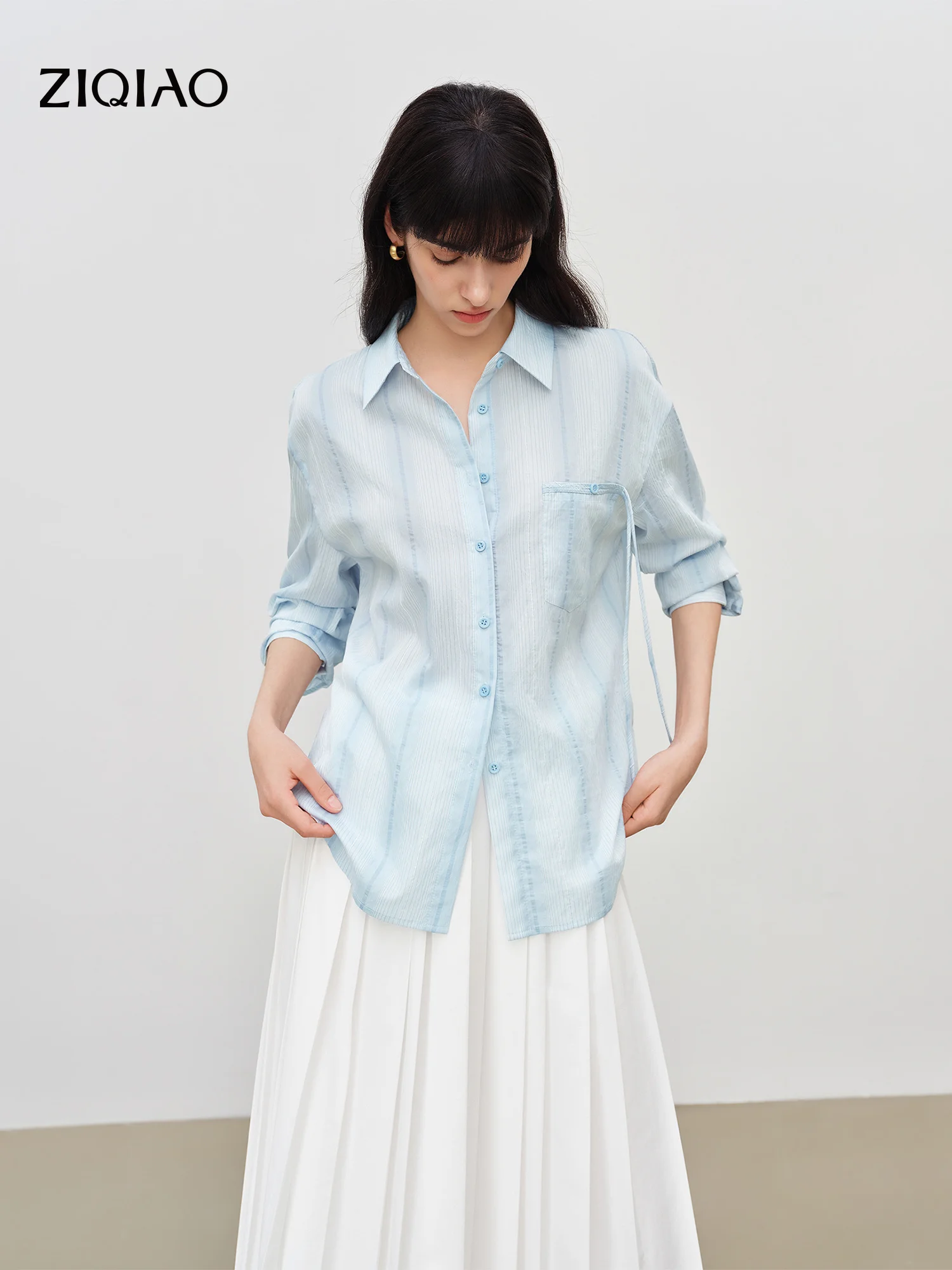 ZIQIAO Women's 2026 Summer New Arrival Lyocell Fiber Vertical Stripe Lapel Shirt with Back Slit Design Casual Loose Top Shirts