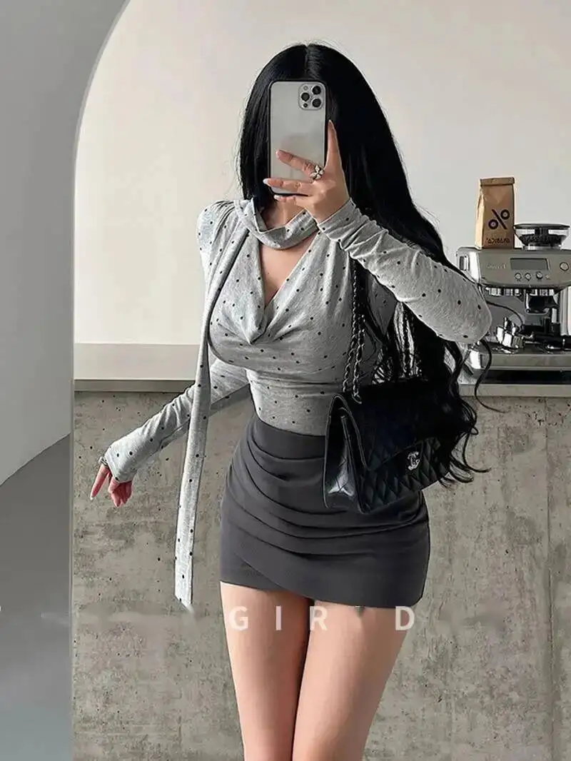 

Pure Desire Sexy Swinging Collar Neck Strap Slimming Folded Waist Long Sleeve Polka T-shirt Top Fashion Sweet Women Tees 2IJQ