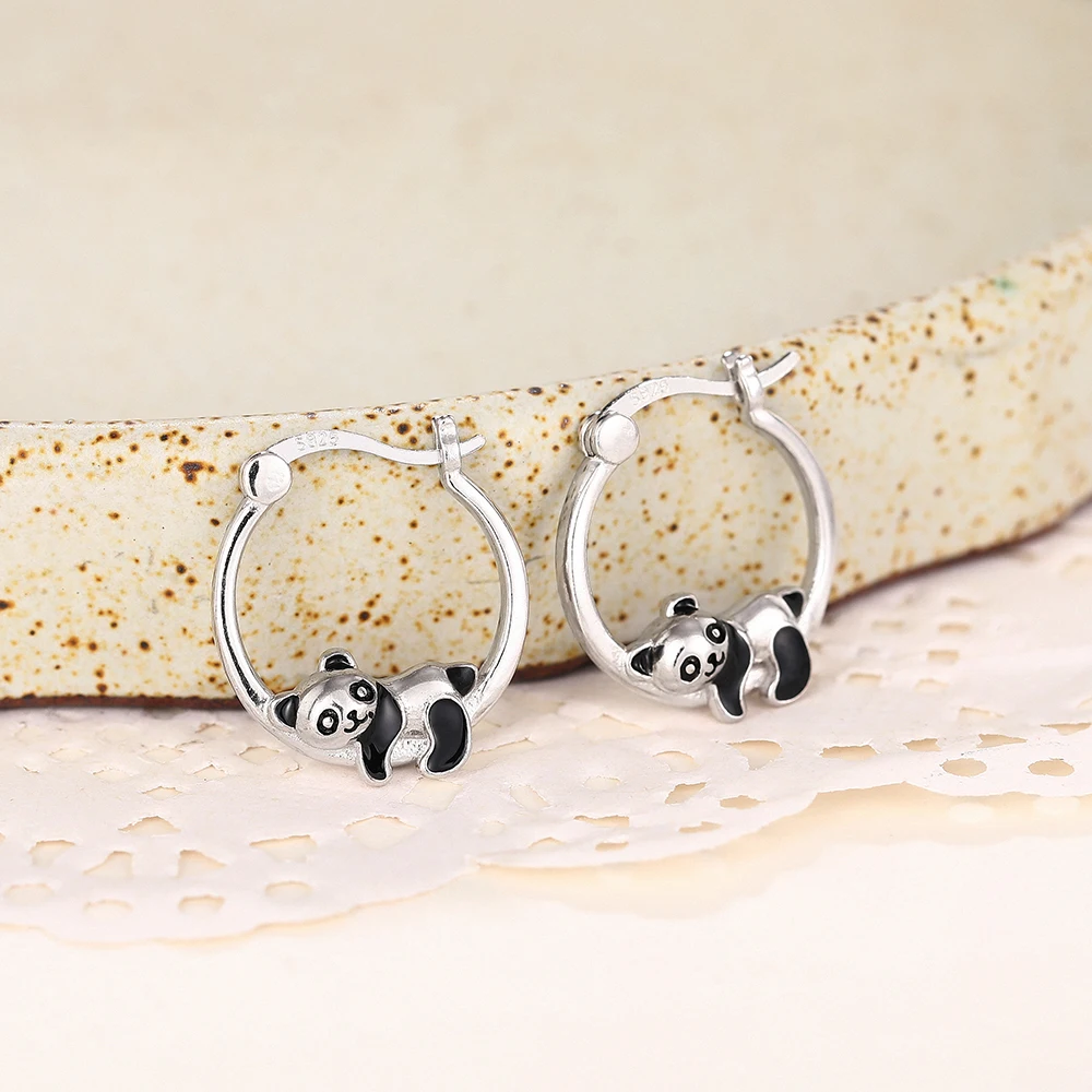 Huitan-pendientes de aro de Plata de Ley 925 para mujer, aretes de Panda negro, accesorios creativos para la oreja, joyería versátil de lujo, regalos para adolescentes