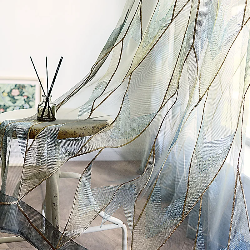 Geometric Grey White Triangle Embroidery Window Screen Curtains Living Room Bedroom Windows Tulle Partition Door Screen Shutter