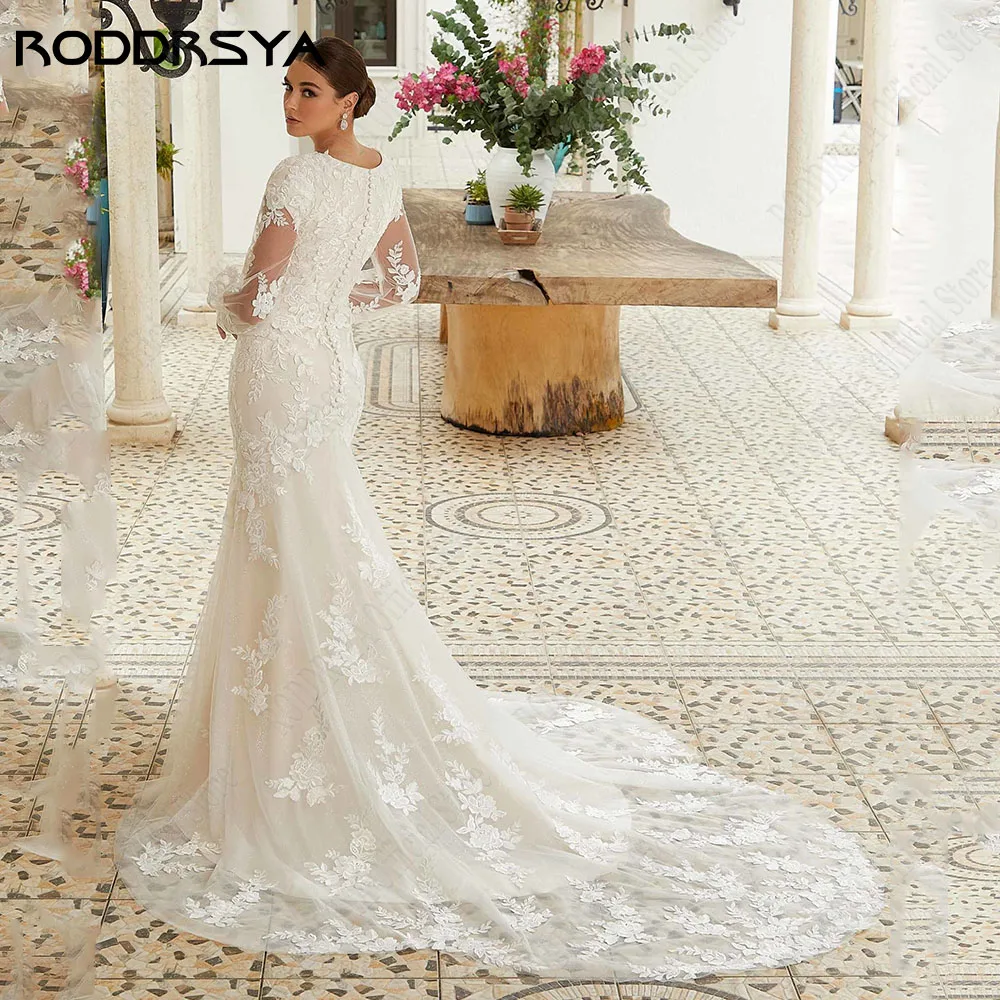 RODDRSYA Exquisite Wedding Dress A-Line For Woman O-Neck Lace Applique Bride Gowns Mermaid Long Sleeves Vestidos De Novia