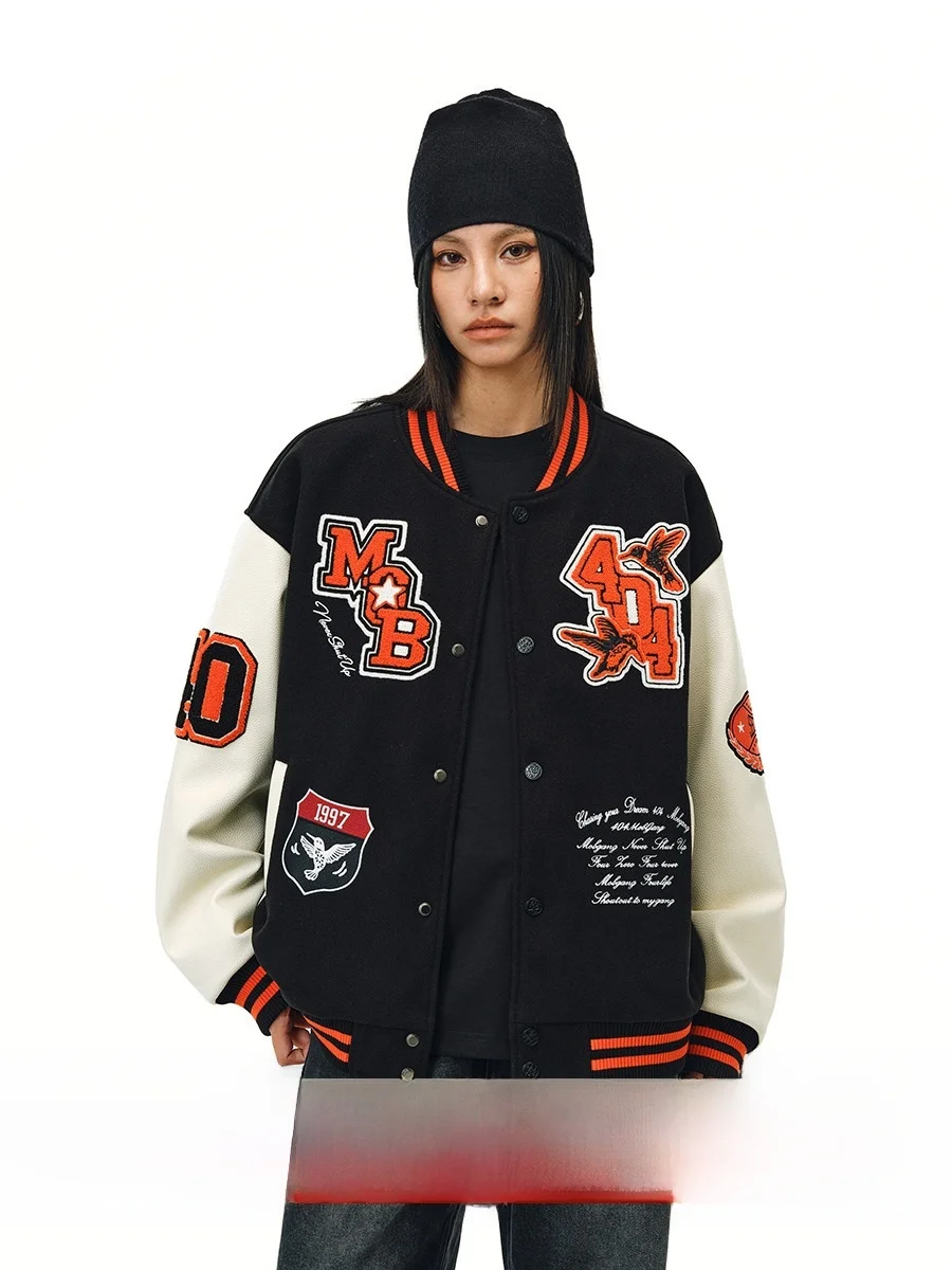 

Heavyweight Wool PU Leather Patchwork Color Blo American Sle Baseball Jaet Men's Embroidered Coat Youth Trendy Autumn O...