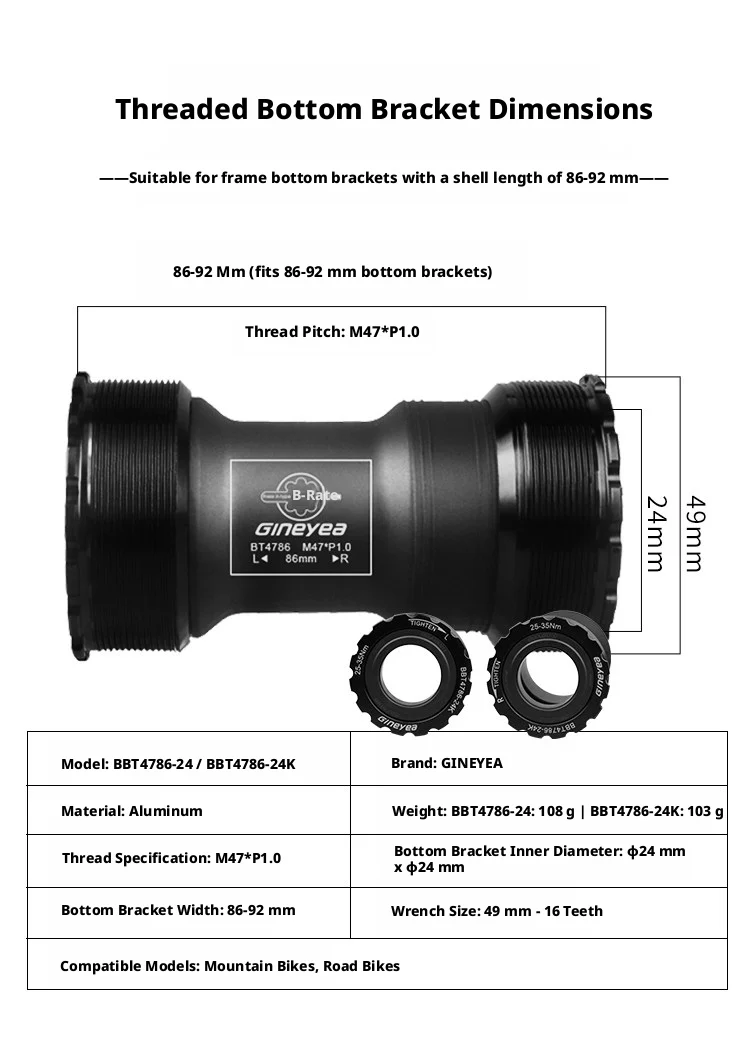 GINEYEA T47 Innenlager mit Gewinde, Keramiklager, wasserdicht, 68/77/86 mm, 24/29 mm Achse für Rennrad, MTB, Gravelbike – Detail 2