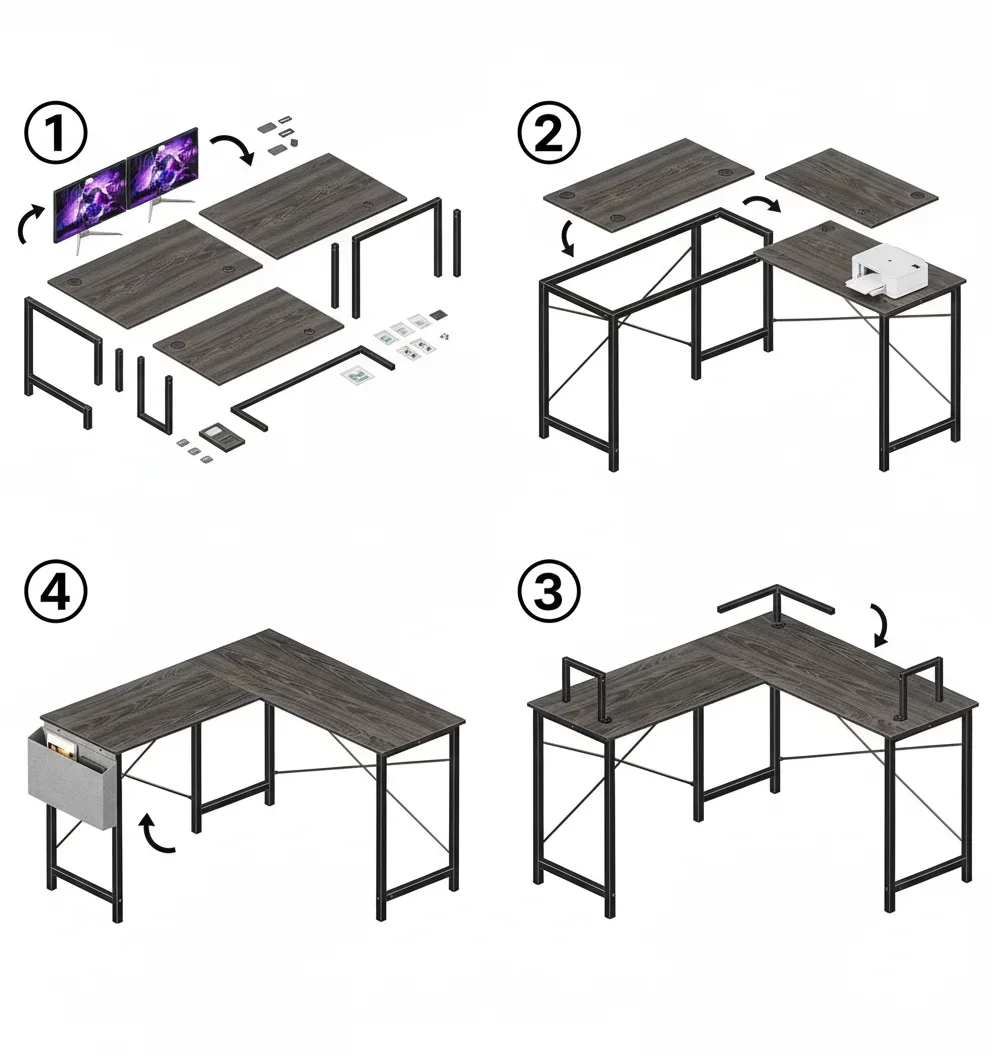 Escritorio para juegos en forma de L con marco resistente, estación de trabajo esquinera de doble monitor para oficina en casa, fácil montaje