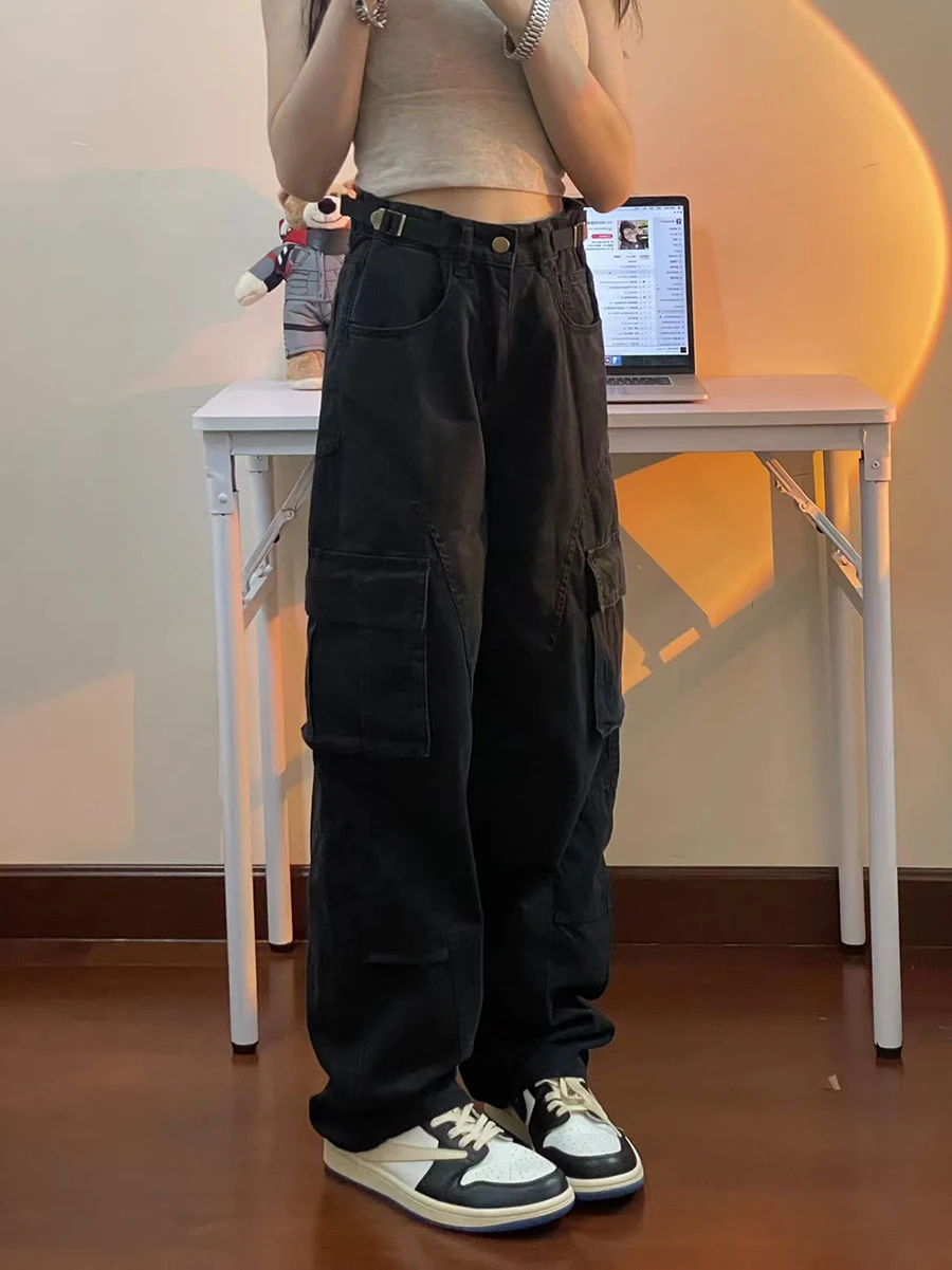 AA Women Vintage High Waist Loose Pockets Jeans Streetwear Trashy Style Pants 2024 Summer Y2K Wide Leg Black Baggy Denim Trouser