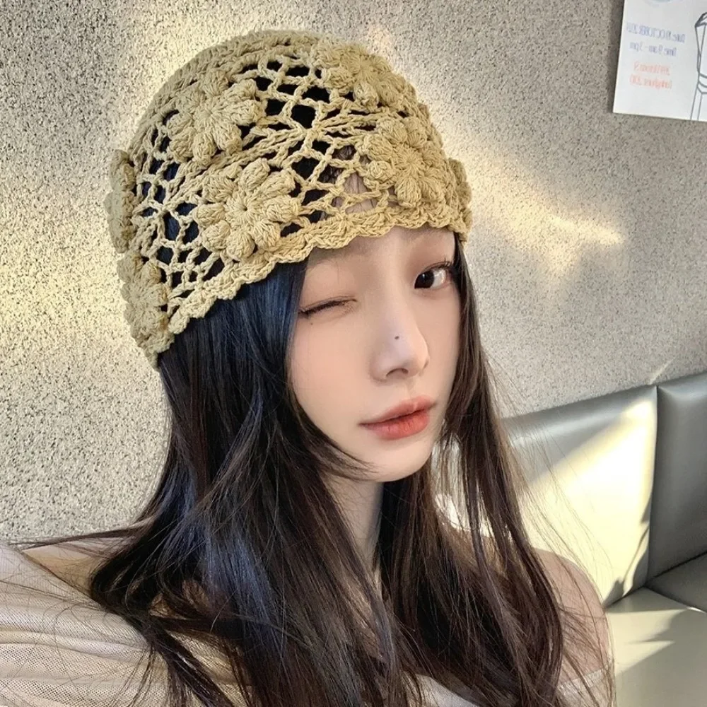 

Korean Handmade Crochet Flower Hat Hollow Y2k Knit Basin Caps Sweet Weave Beanies Cap Ladies