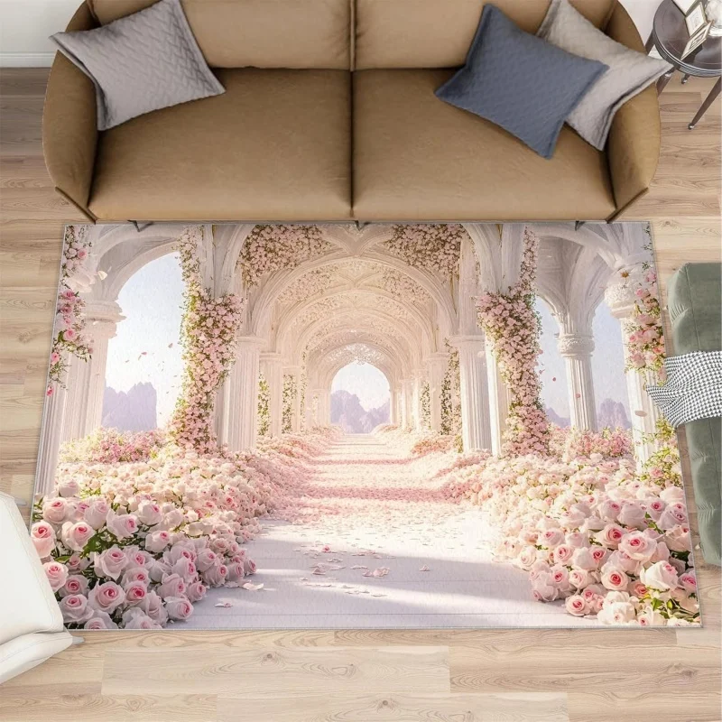 Romantic Pink Rose Archway Area Rug Fantasy Flower Palace Print Soft Floor Mat Living Room Bedroom Home Decor Carpet