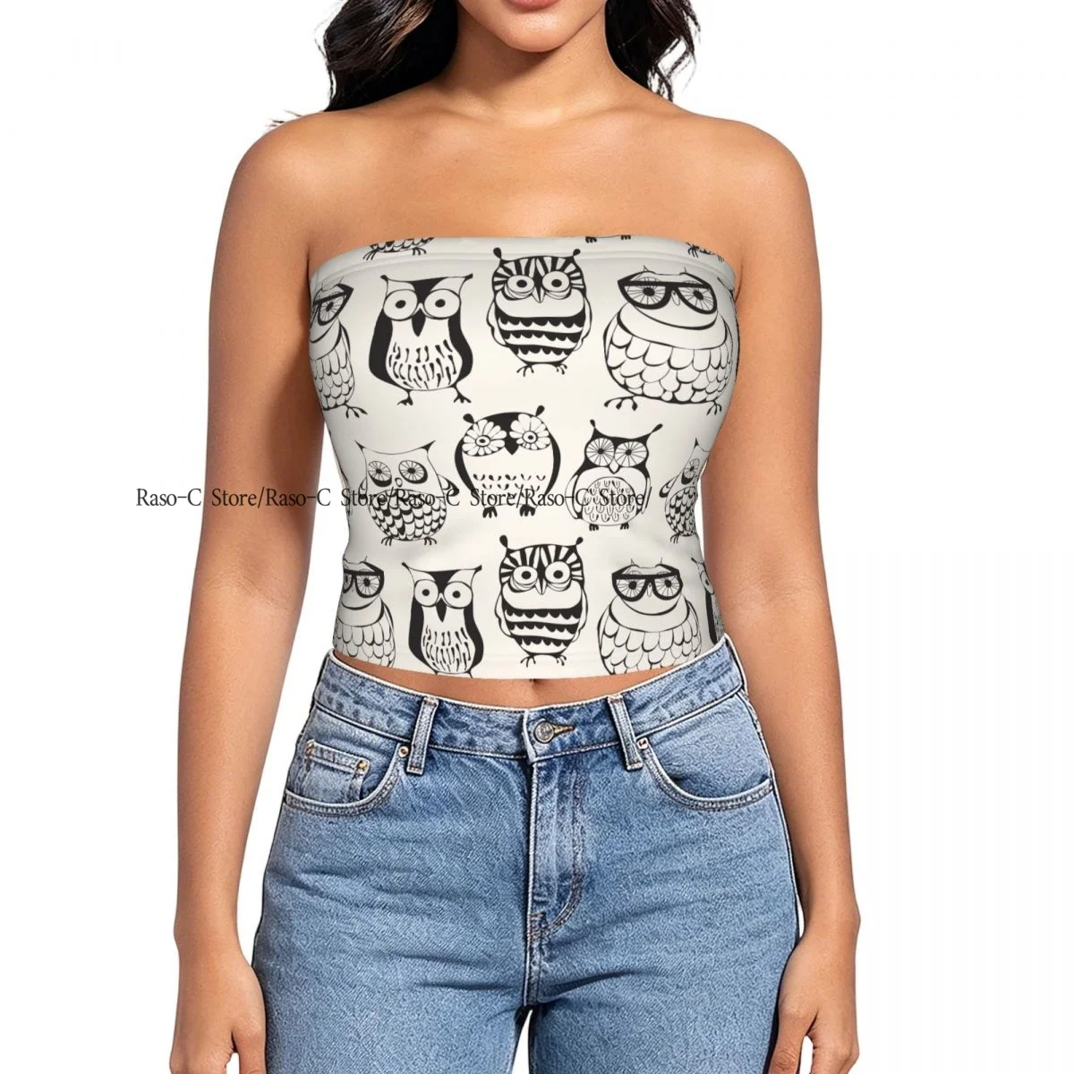 Women strapless blouses sleeveless Cartoon Sleepy Owls halter-neck sexy short-sleeved blouses