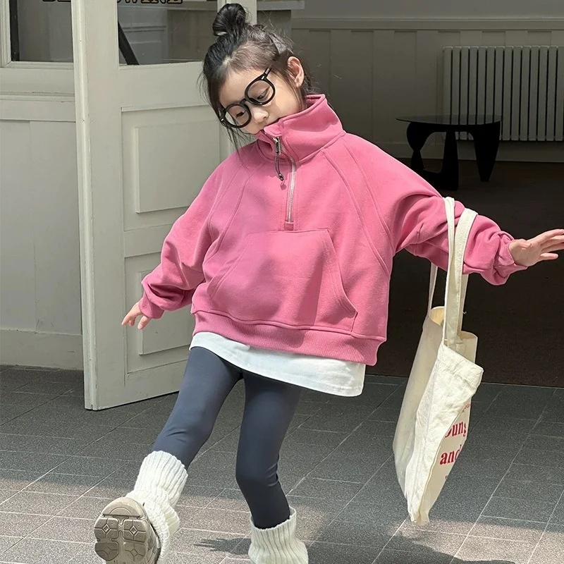 

Girl's Hooded Jacket 2026 Zipper New Style Children's Fashion Stand Collar Baby Top Pink Kids Clothing 4-12T