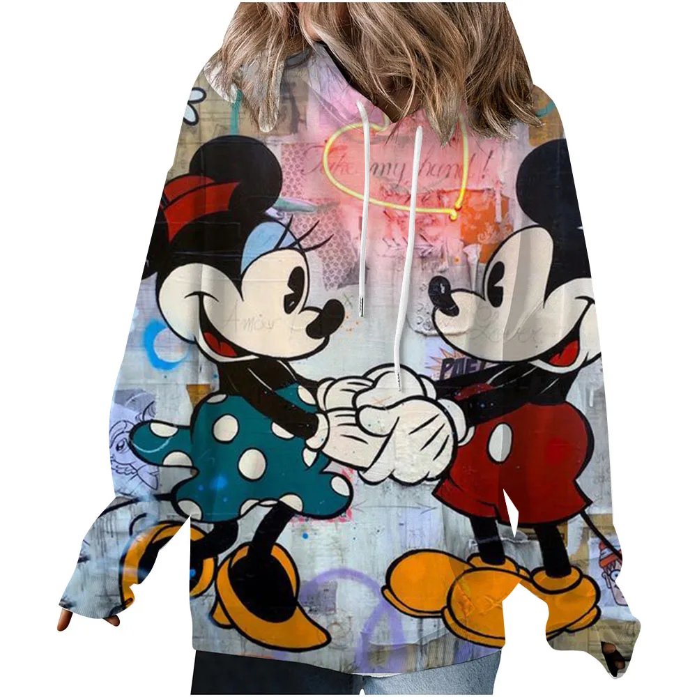 Women's autumn and winter casual loose and comfortable warm white Disney Mickey Mouse printed round neck long sleeved pullover