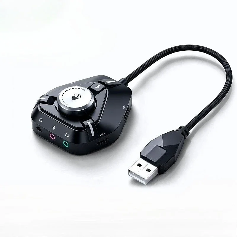 External USB Sound Card & Audio Signal Processor with Hardware Volume Knob, 3.5mm Microphone Signal Switcher for PC Laptop
