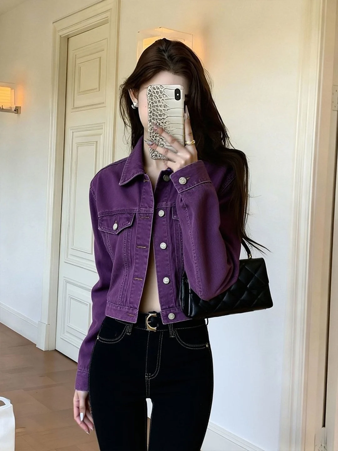 

Korean Sle Purple Denim Collar ort Jaet Women's Spring New Faion Small Size Ele Top Single Court Brand