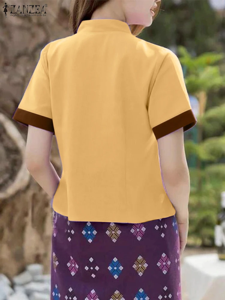 

ZANZEA Chinese Style Women Shirts Tops Casual Short Sleeve Blusas 2025 Oversized Patchwork O Neck Tunic Solid Pullover S-3XL