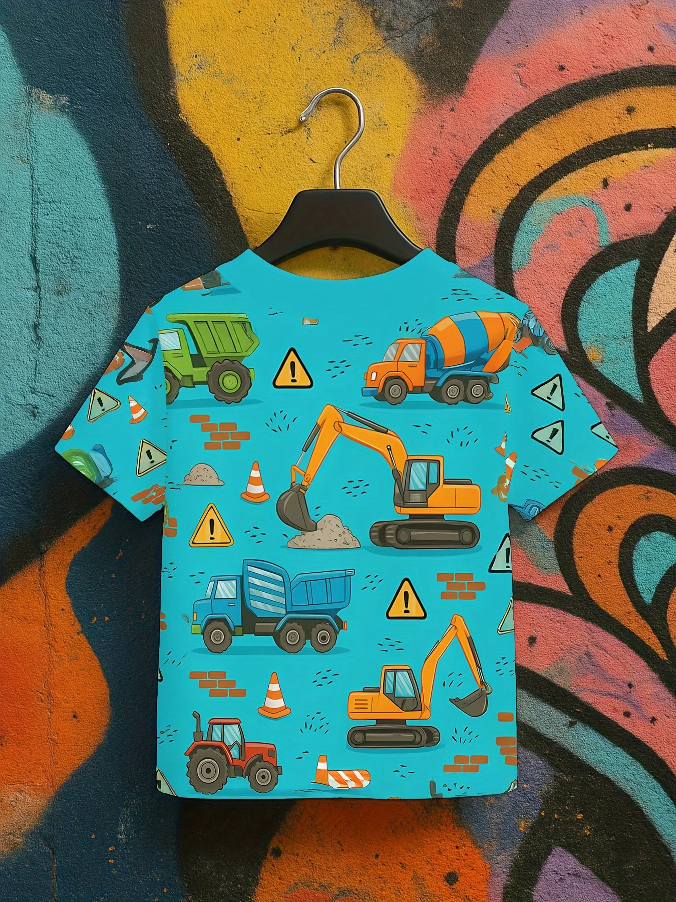 Boys Construction Short‑Sleeve Tee, Excavator Dump Truck Bulldozer Graphic, Ideal for Little Builders Loving Heavy‑Duty Machines