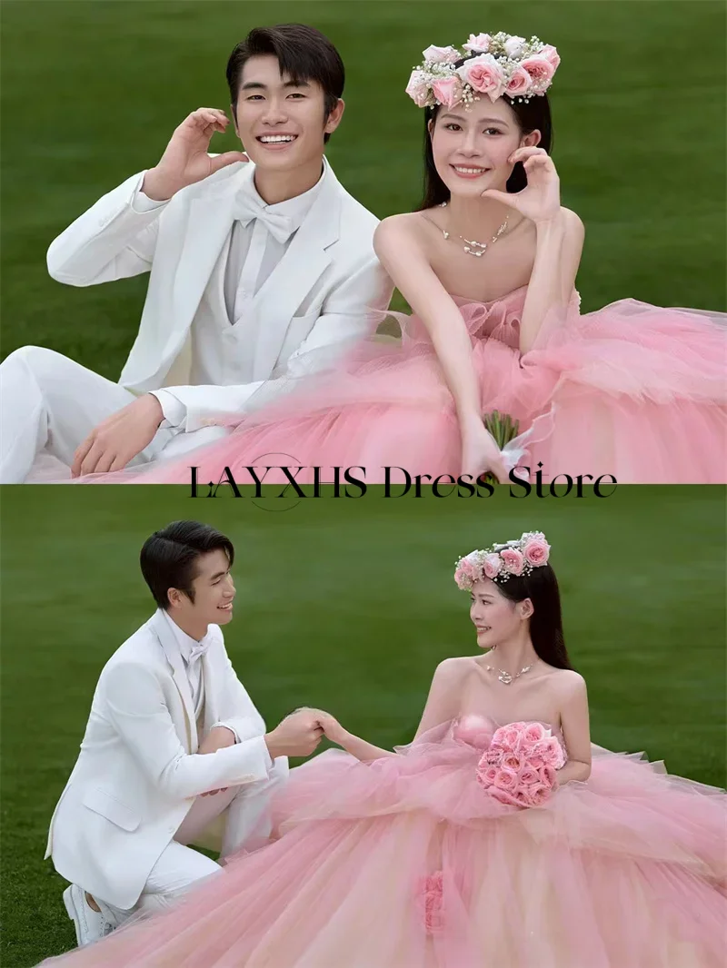 Abiti da sposa dolce rosa principessa abito da ballo una linea senza spalline a strati tulle fiore servizio fotografico abito da sposa coreano 2026 nuovo arrivo