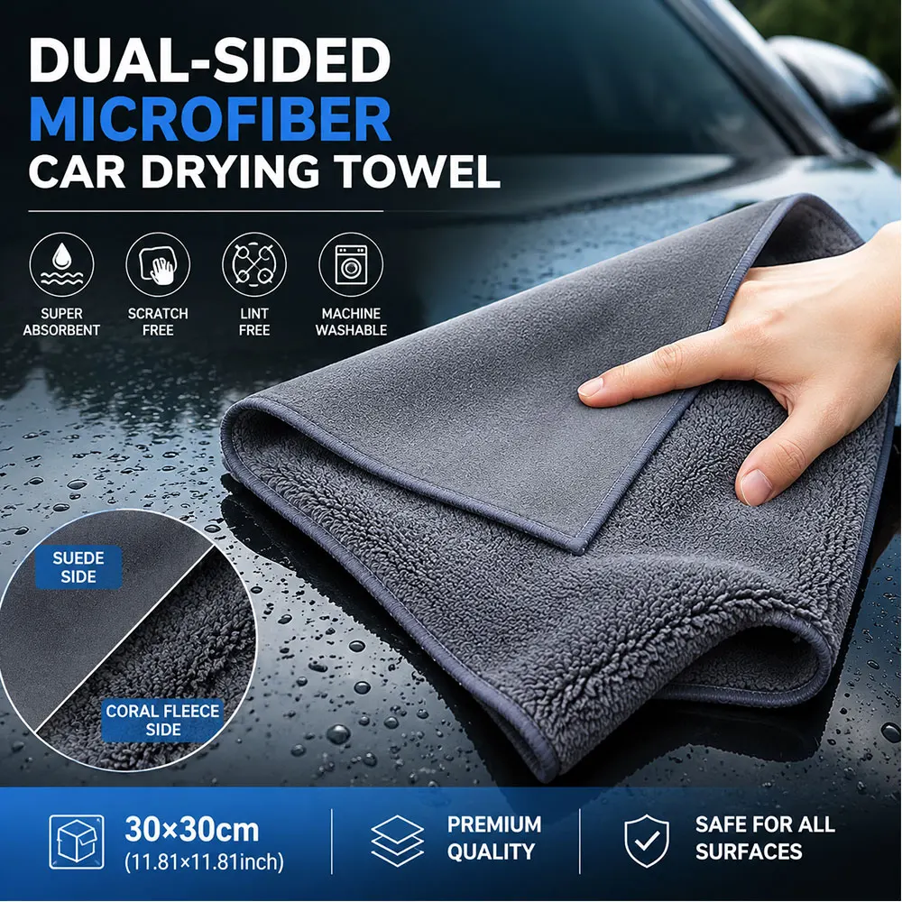 Premium Dual Sided Microfiber Car Wash Towel Suede & Coral Velvet Surface Scratch Resistant Absorbent Car Detailing Cleaning Rag