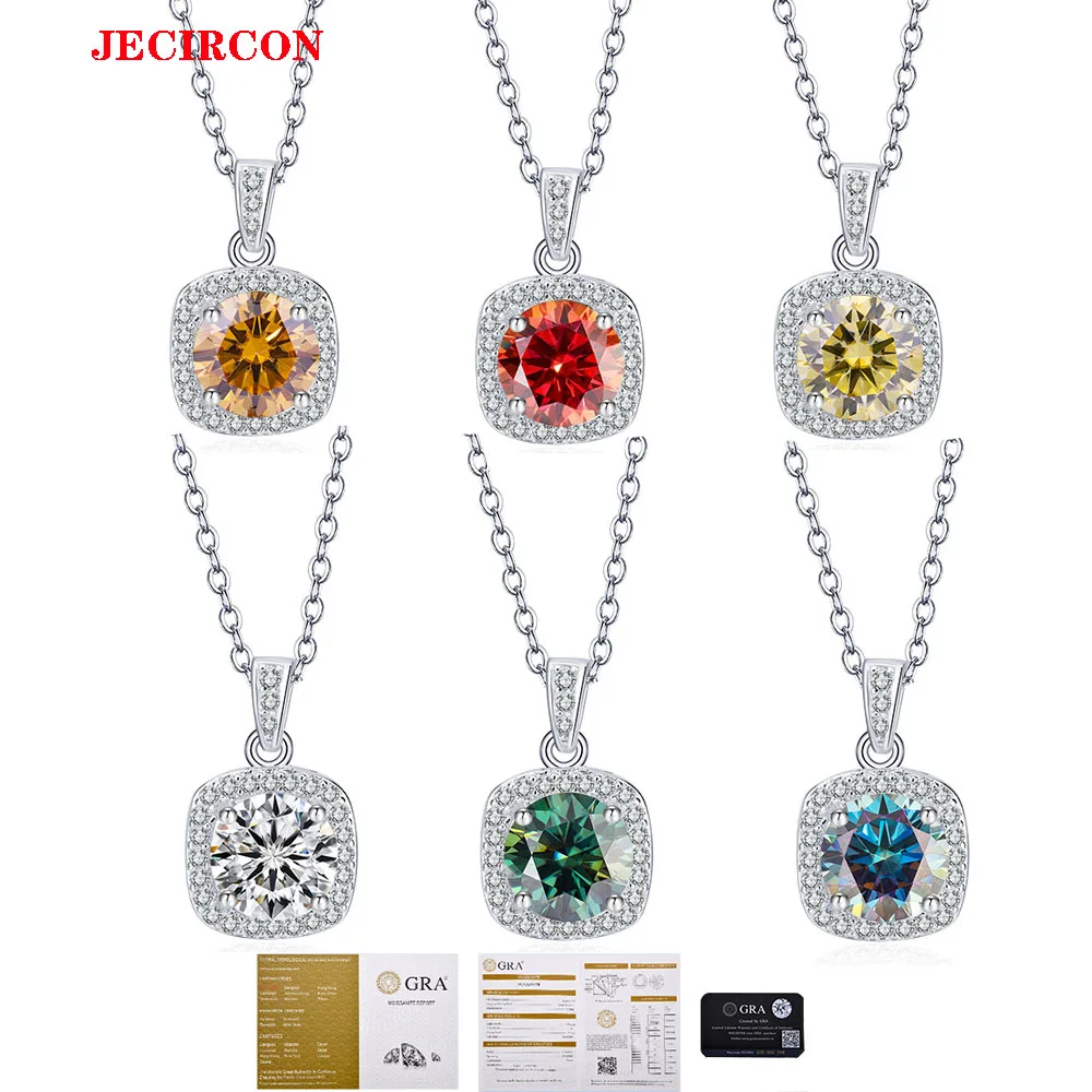 

JECIRCON 925 Sterling Silver Moissanite Necklace for Women Shiny Colorful Diamond Square Bag Pendant Light Luxury Clavicle Chain