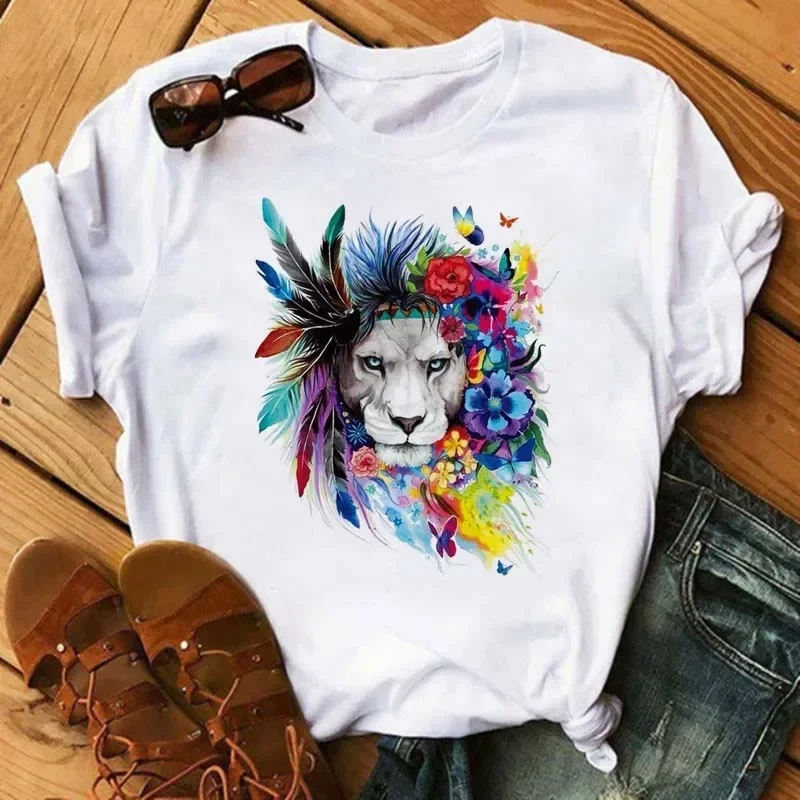 New Summer Women Tops Cartoon Tiger Graphic Printed T Shirt Fashion Round Neck Woman Clothing Short Sleeve Tshirts Tees