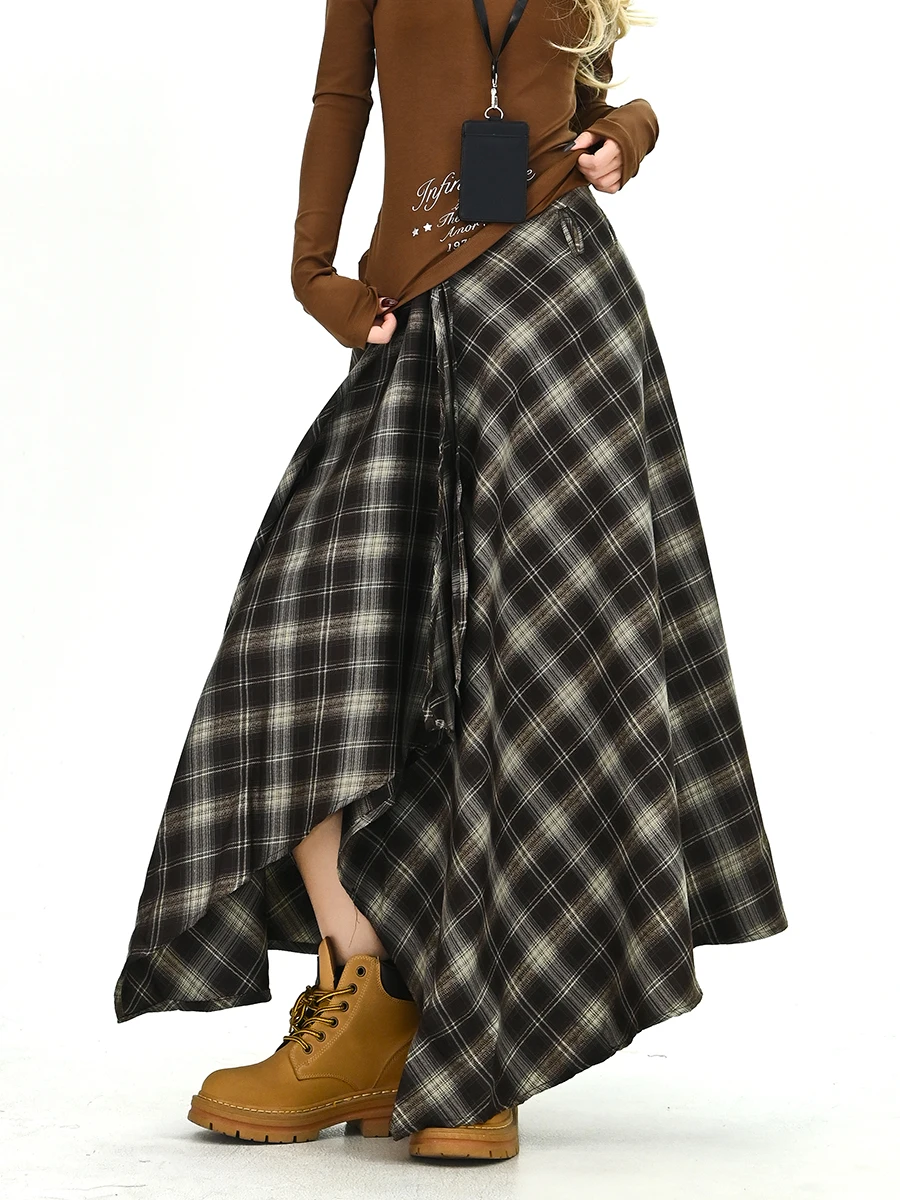 

Irregular Plaid Skirt for Women Spring 2026 Street Sle American Faion A-Line Long Skirt Trendy Student Daily Wear
