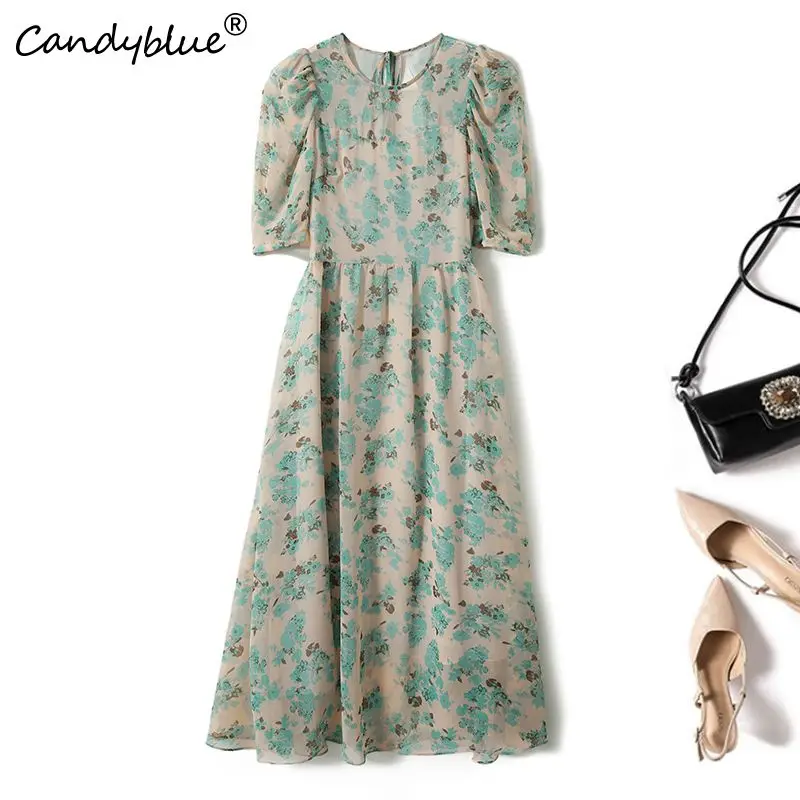 Green Print O-Neck Half Bubble Sleeve Women's Dress A-Line Flowers Chic Elegant Loose Mid-Calf Party Dresses For Women 2023