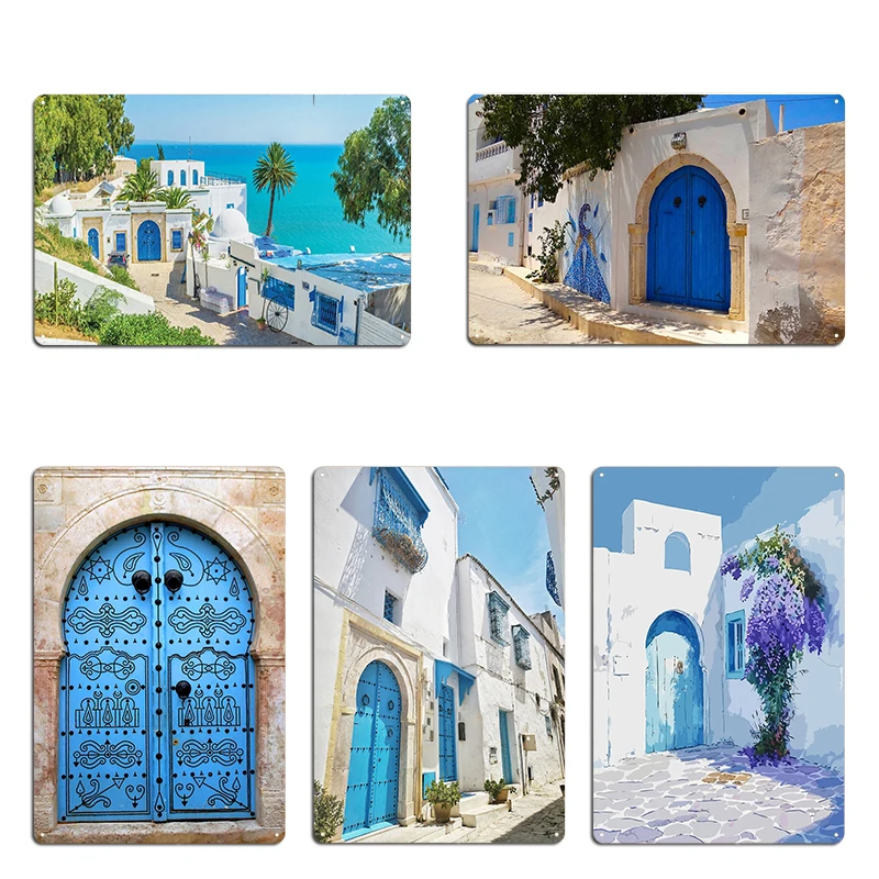 Traditional Blue Tunisian Door Sidi Bou Said Metal Sign Kitchen Plaques Cave Living Room Sidi Bou Said Tin Sign Poster