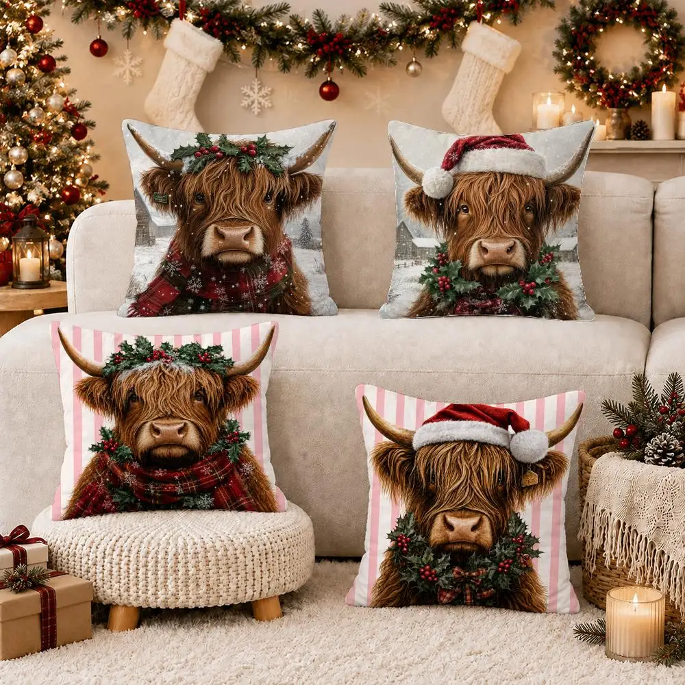 Christmas Mountain Cattle Cushion Cover Short Plush Soft Double-Sided Printing Pillow Case Cozy Sofa Bedroom Home Decor Gift