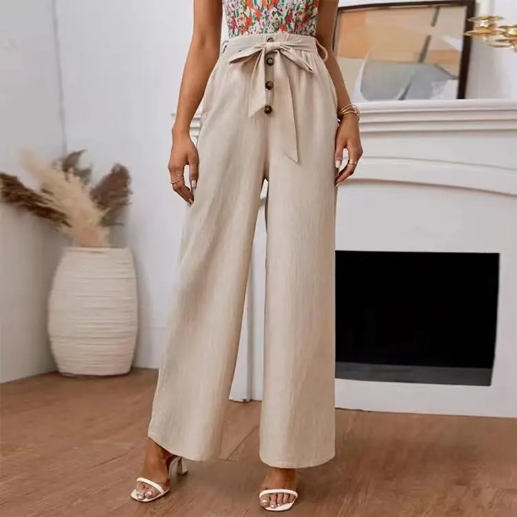 Ladies' Casual Wide Leg Pants Solid Color High Waist Bowknot Fashion New Long Pants With Buttons Women Comfort Autumn Trousers