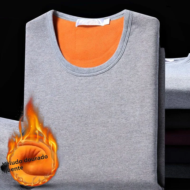 Roupa Térmica Masculina de Manga Longa Forrada com Fleece, Camisa de Algodão e Lã para Outono e Inverno