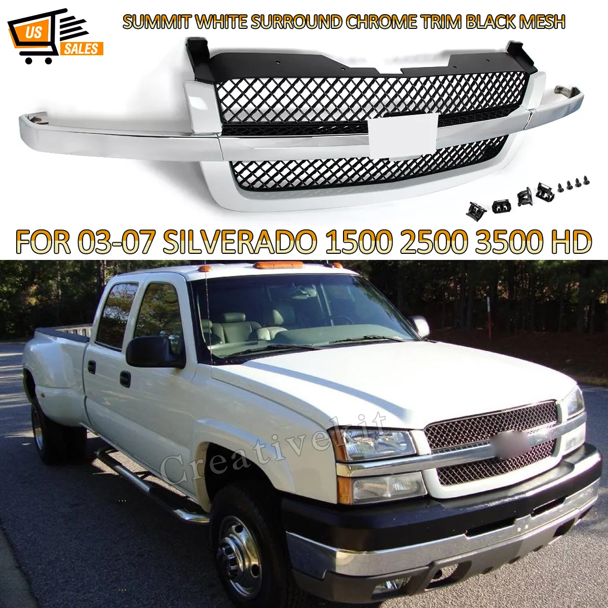 new Chrome Front Bumper Grille fit，Chevy Silverado 1500 2003-2007 Honeycomb Upper Grille Radiator Grills Front Surround Body Kit