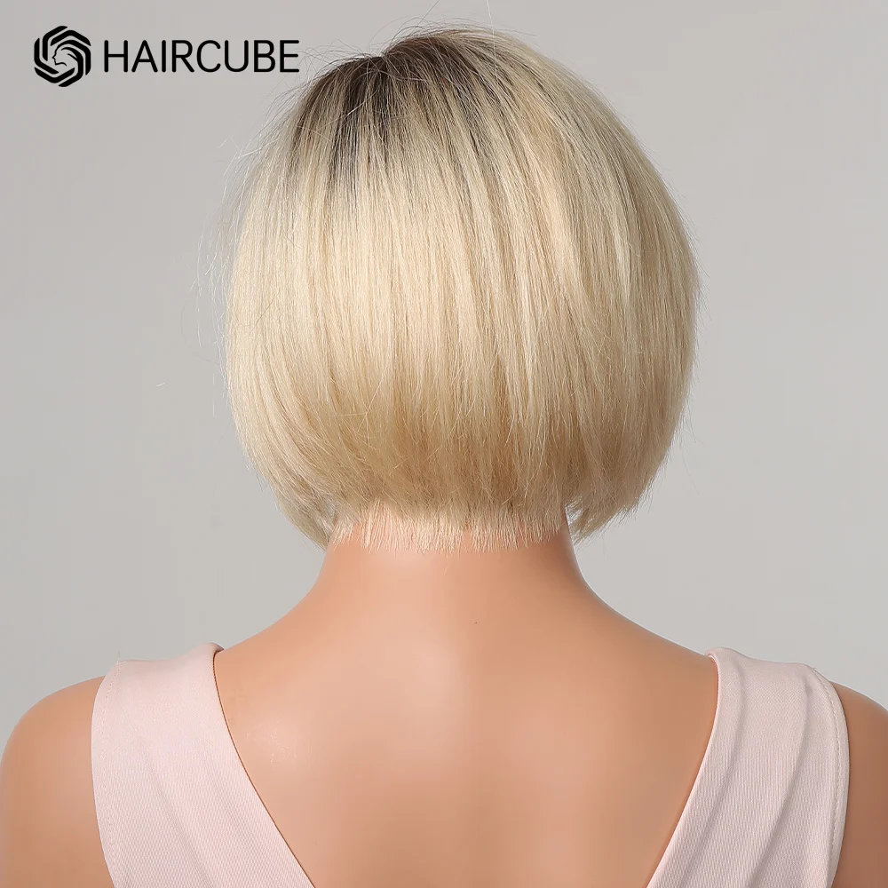 Pelucas de cabello humano con corte Bob para mujer, postizo de encaje frontal, corte Pixie rubio claro ombré, corte lateral recto, transparente