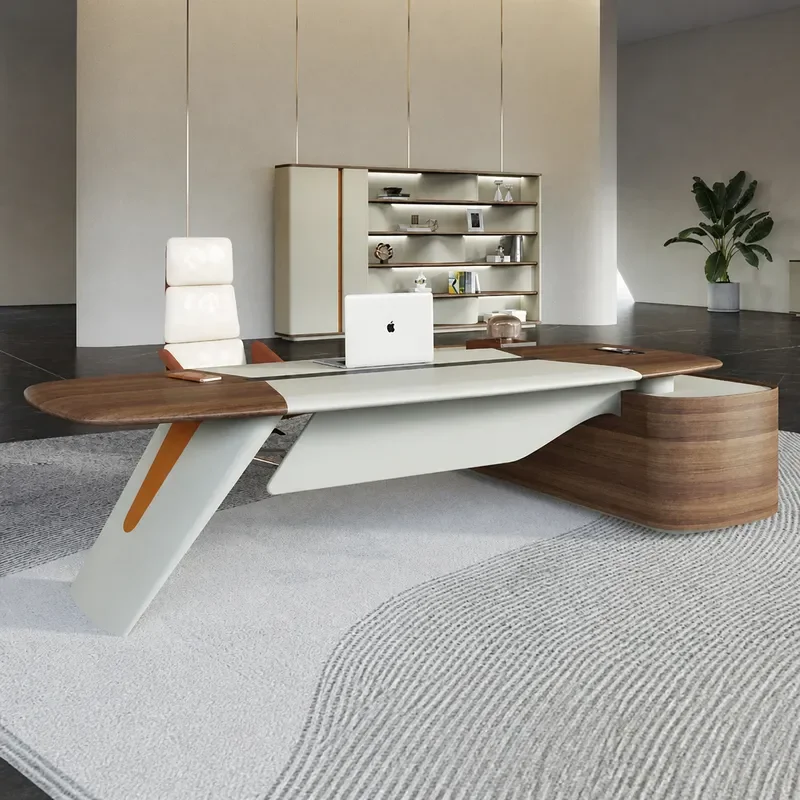 Italian Light Luxury Executive Desk and Chair Set High End Minimalist Office Furniture with LED Light Strip for CEO Manager