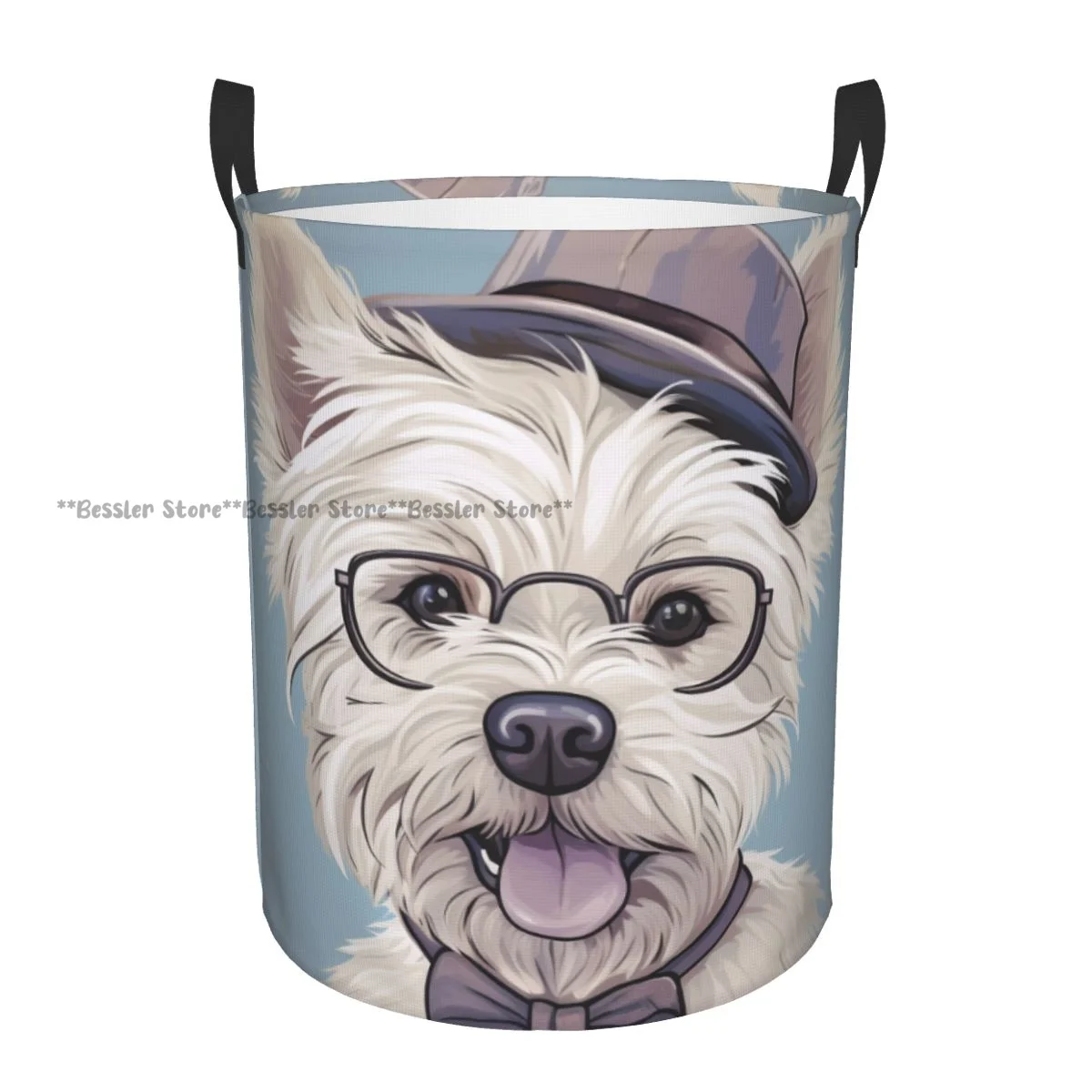 Laundry Basket Cute Dog Round Storage Bin Collapsible Hamper Clothes Bucket Organizer