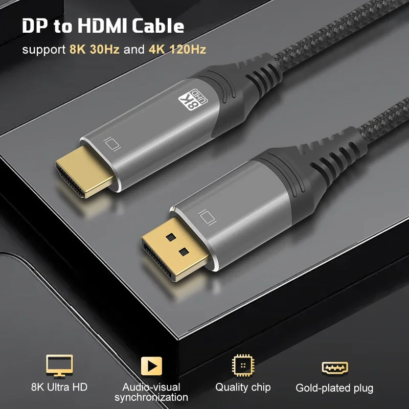 8K Displayport to HDMI Cable DP1.4 to HDMI2.1 Adapter 8K@30H 4K@120Hz 2K@165Hz for HDTV PS4 PS5 PC HP DELL GPU AMD NVIDIA