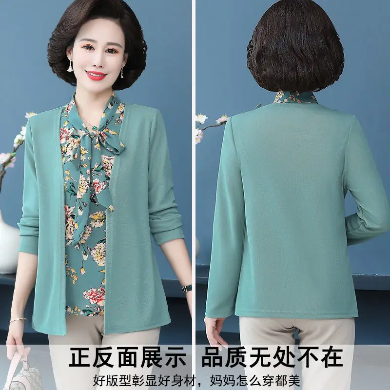 Damska koszulka z krótkim rękawem T-shirt szeroka dama modna dzianinowa fałszywa dwuczęściowa koszulka z długimi rękawami