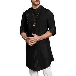 Indiano Kurta uomo manica lunga bottone decorazione abito di media lunghezza Casual misto cotone camicia Robe per la primavera autunno