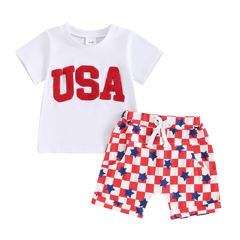 

Baby Boy 4th of July Outfits USA Short Sleeve T-Shirt Tops Stars Stripes Shorts Toddler Independence Day Clothes