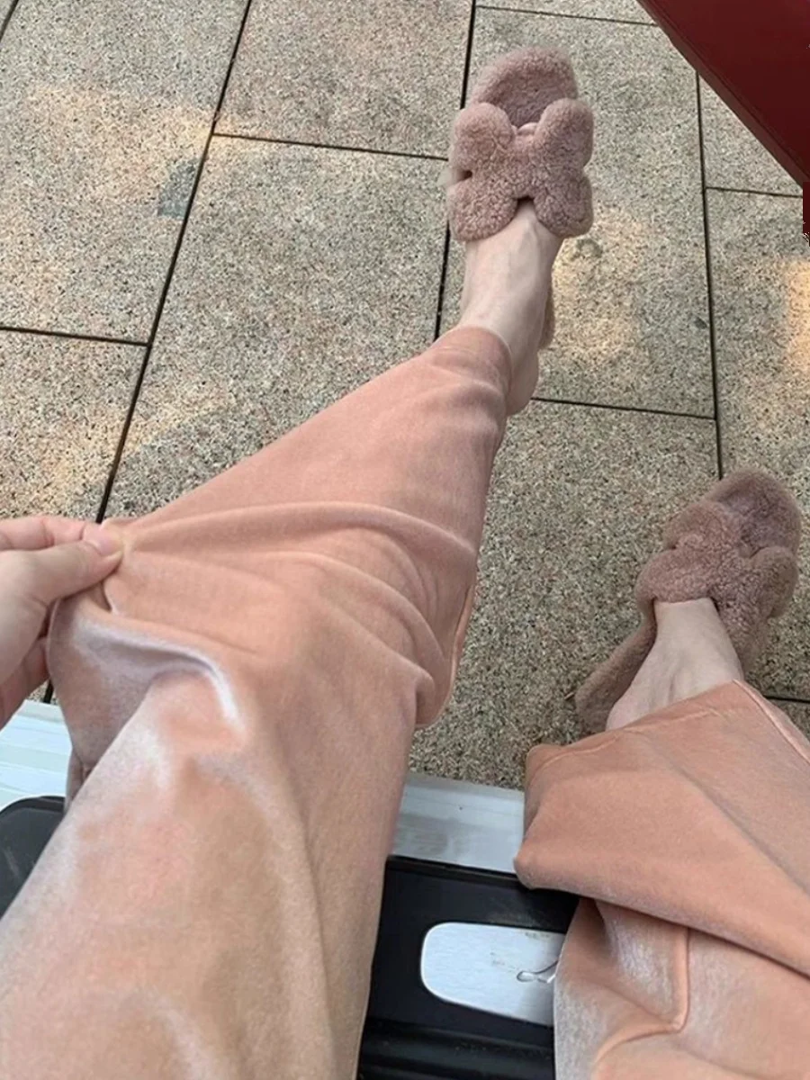 

High Waist Velvet Long Pants Women's Casual Sle Dry Rose Patterned iny Sensation Slimming Effect Korean Sle Commute