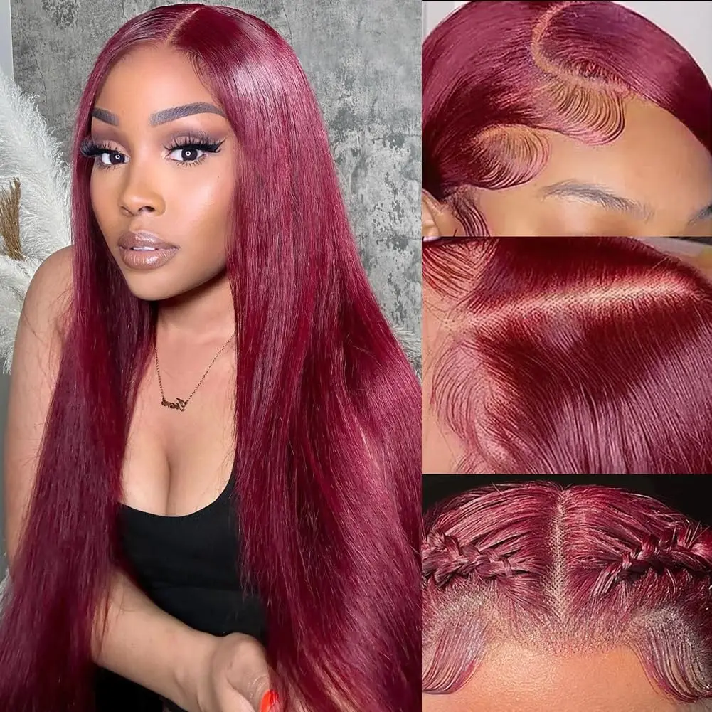 Straight 99J Burgundy Lace Front Wigs Human Hair 13x4 Glueless HD Transparent Red Wig Human Hair Lace front 200% Density Colored