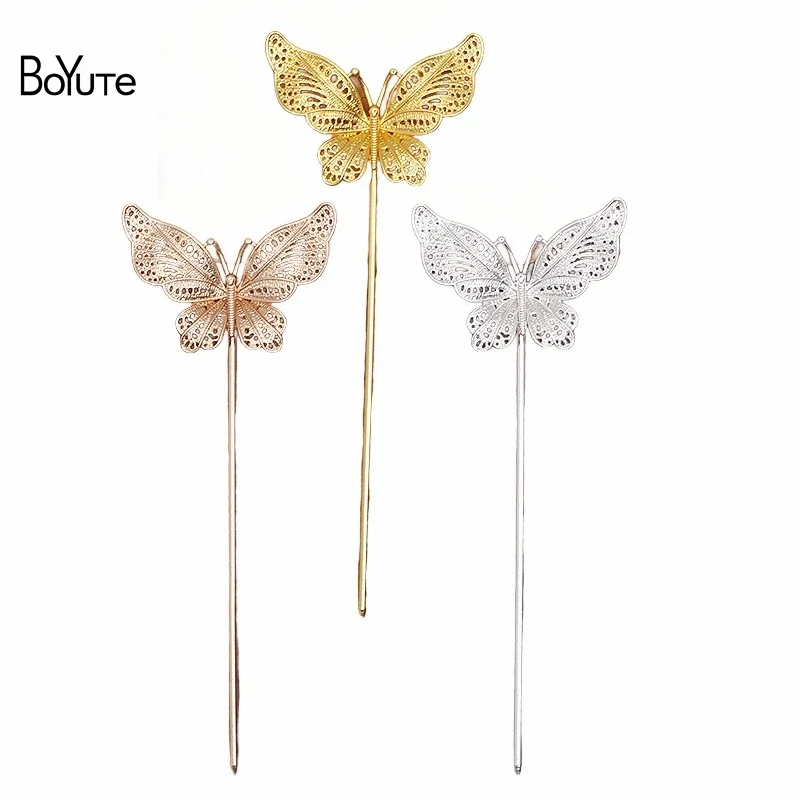 

BoYuTe (10 Pieces/Lot) 52*38MM Alloy Butterfly Welding 120*2.5MM Iron Hair Stick Factory Supply Diy Jewelry Accessories