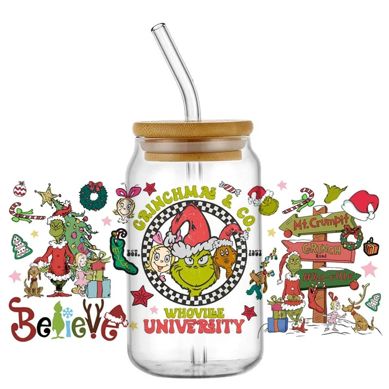 

Cartoon Christmas Monster UV DTF Decal Santa Wrap For 16oz Libbey Glass Can Cup uvdtf Coffee Wholesale Car Sticker