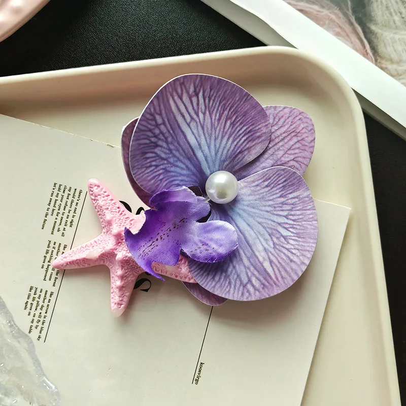 Purple Orchid Hair Clip Pink Starfish Pearl Hairpins Tropical Flower Duckbill Pins Summer Beach Wedding Accessories for Women