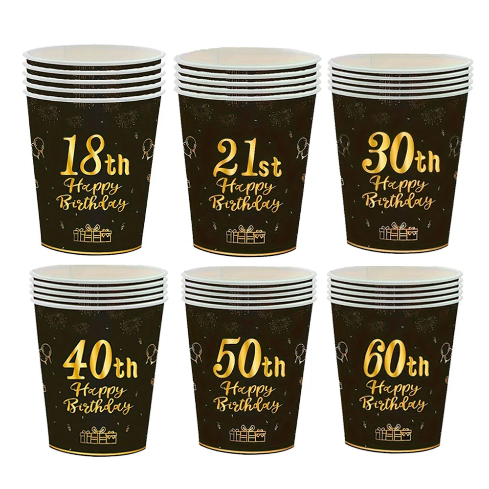 8/16/24/32/40pcs 18th 21th 30th 40th 50th 60th Birthday Party Disposable Paper Cup Adult Black Golden Party Decoration Supplies