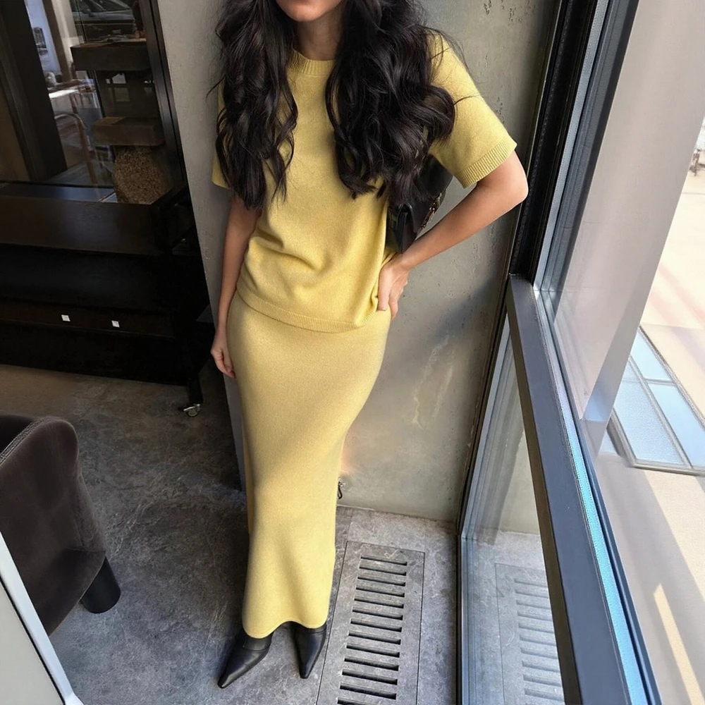 طقم خريفي أنيق للسيدات بأكمام قصيرة وياقة دائرية وتنورة عالية الخصر على شكل حرف A ملابس مكتب للسيدات بطول ماكسي