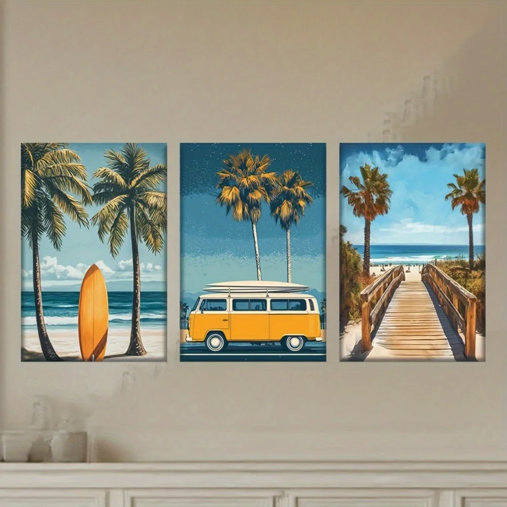 （No Frame 3PCS）-2D Flat, 2D Flat, 3pcs/Set, Canvas Painting - Unframed, Beaches, Palm Trees And Surfboards, Posters And Print