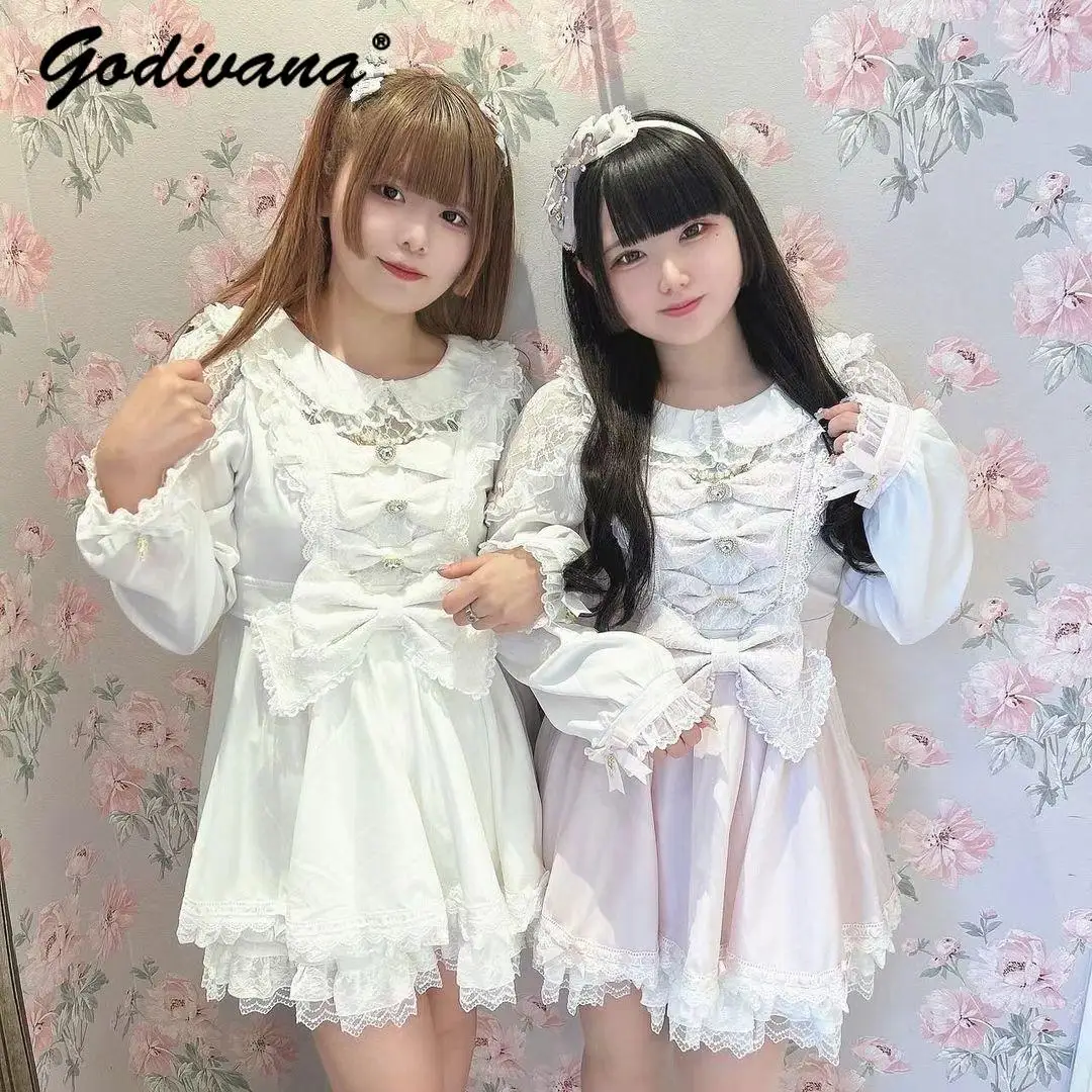 2024 Autumn New Japanese Girl Mine Cute Lace Bow Long Sleeve Dress and Shorts 2 Piece Set Women's Lolita Outfits Dress Suit