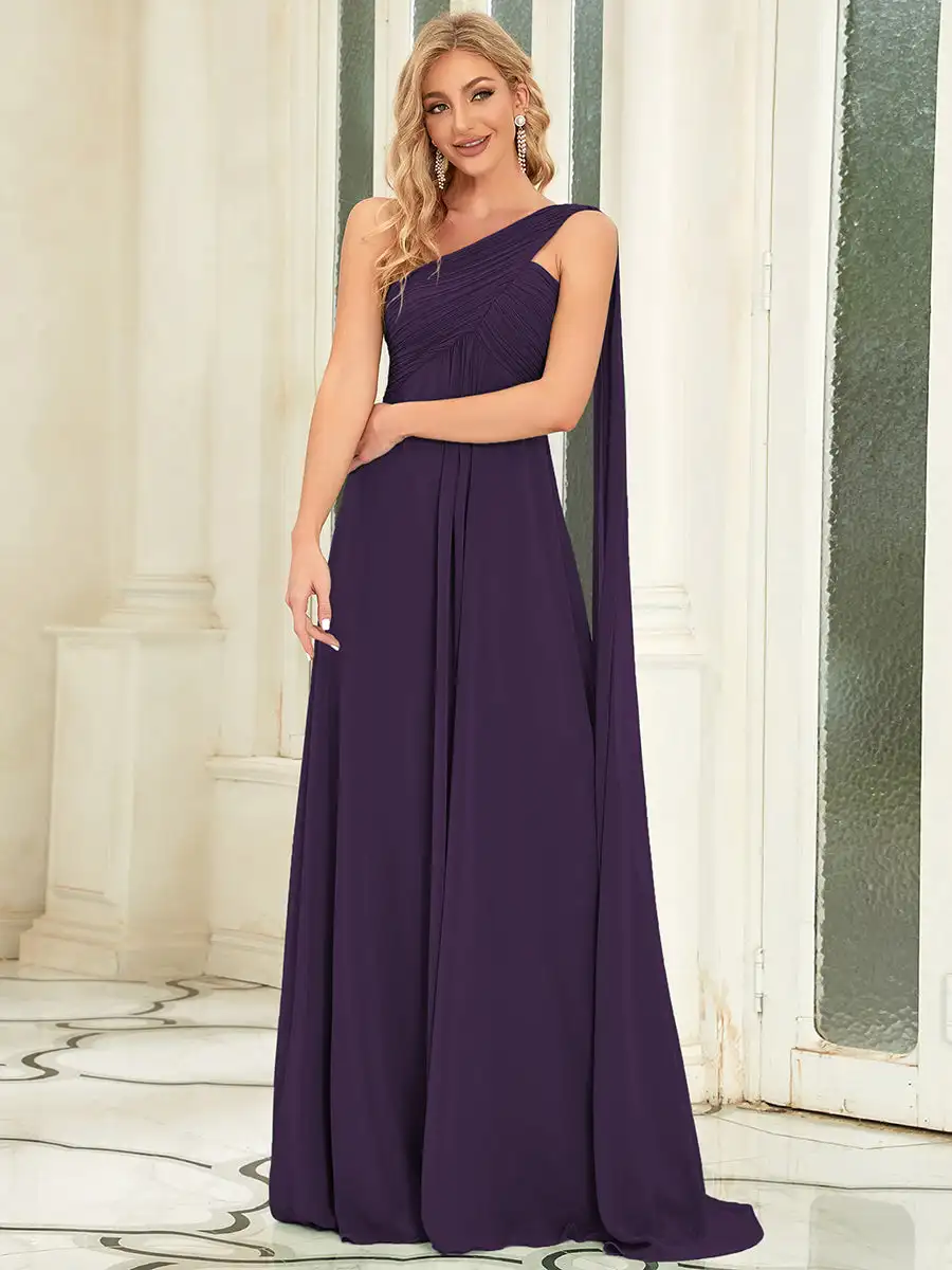 Elegant Evening Dresses Long One-Shoulder Ruched Side Draped 2024 Ever Pretty of Chiffon A-LINE Dark Purple Bridesmaid Dress