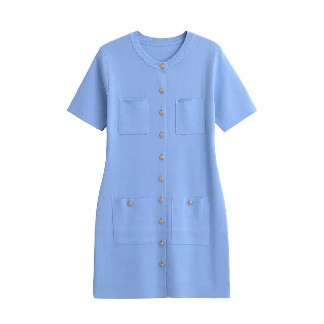 

New Summer Fashion Women Dresses Solid O-Neck Short Sleeves Multi-Pocket Decorate Single Breasted Female Elegant Mini Dress