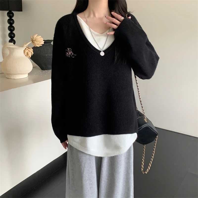 

Contrast Colors Sweet Elegant Ladies Woman Pullovers Fake Two Sweater Women Pullovers Simple Basic Fashion Festival Tops Female